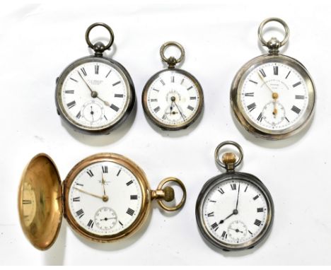 Five assorted pocket watches to include four silver cased examples and a Waltham gold plated full hunter example (5).Addition