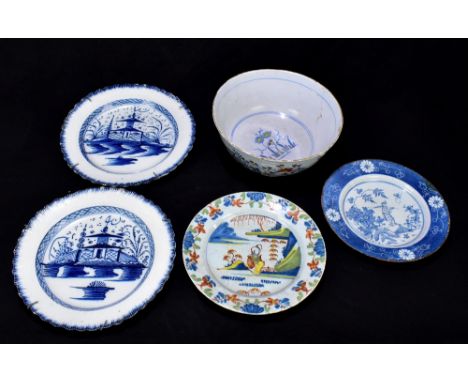 Five pieces of 18th century and later tin glazed Delft ware to include a footed bowl, possibly Liverpool, decorated in enamel
