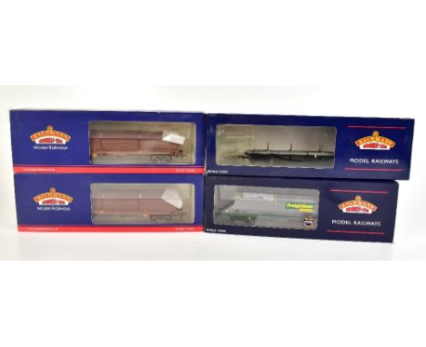BACHMANN BRANCH-LINE; two boxed 37-628A BRA Steel Strip Carrier EDW Weathered, 33-856A 30 Ton Bogie Bolster Wagon BR Grey, an