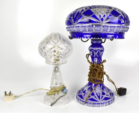 A 20th century Bohemian blue flashed glass mushroom lamp, with cut decoration, height 46cm, together with a smaller cut glass