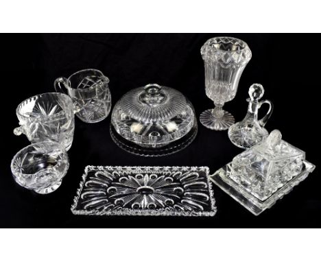 A group of clear glass tableware including decanters, one with silver sherry decanter label, bowls, cheese dome, etc.Addition
