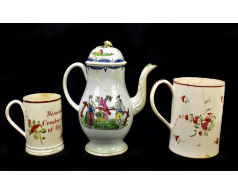 An 18th century pearlware coffee pot painted in enamel with figures beside a fence with central basket of flowers, height 23.