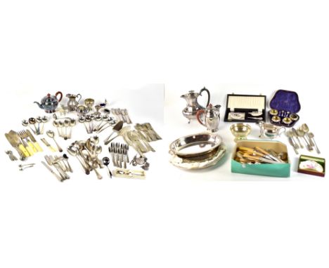 A collection of assorted silver plate to include part tea service, entrée dish, a large quantity of flatware, etc.Additional 