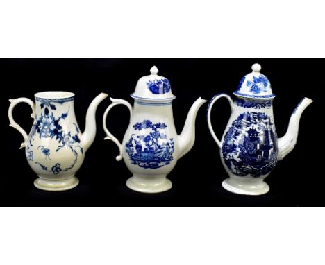 LIVERPOOL; two 18th century blue and white porcelain coffee pots, each of baluster form, the first depicting a figure in land