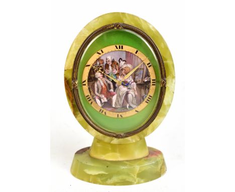 An unusual Art Deco onyx, green enamel and painted enamel eight day timepiece, the circular dial with a very well painted ena