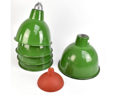 Six vintage green enamelled industrial shades, and a smaller red finished enamel light shade (7).Additional InformationGenera