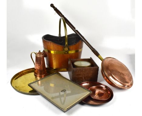 A 19th century brass bound oak coal bucket with brass swing handle, height 46cm, together with further collectors' items incu