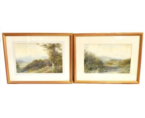 ALBERT POLLITT (1856-1926); a pair of watercolours including a shepherd with his flock in landscape setting and a river scene