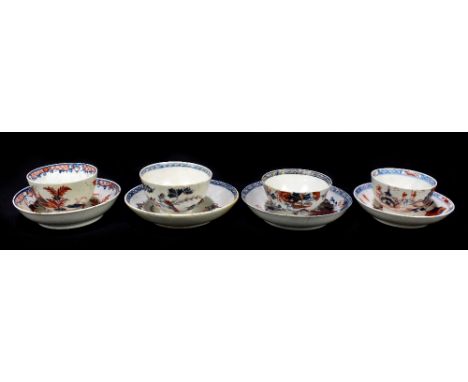 Four 18th century tea bowls and saucers including Lowestoft and Liverpool examples, three examples painted in iron red with b