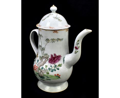 CHAFFERS OF LIVERPOOL; an 18th century porcelain coffee pot and cover of baluster form decorated in enamel with floral sprays