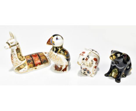 ROYAL CROWN DERBY; four animal paperweights&nbsp;comprising 'Tasmanian Devil', 289/300, complete with card, 'Llama', 'Squirre