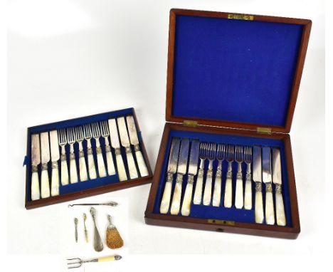 A mahogany cased twelve setting canteen of cutlery with mother of pearl handles, together with further silver plated flatware
