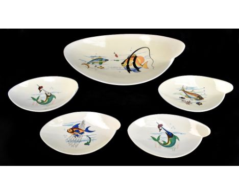 FRANCO BOZZOLA; an Italian 1950s part fish service comprising single large and four smaller dishes all with over enamelled tr