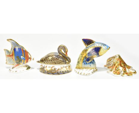 ROYAL CROWN DERBY; four animal form paperweights,&nbsp;comprising 'Pacific Angel Fish', 39/2500, 'Octopus', 111/2500, 'Black 