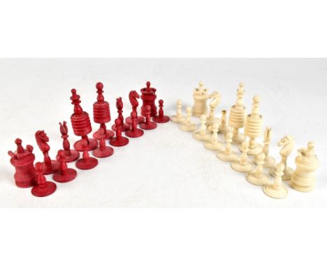 A carved bone and red stained bone chess set, height of King/Queen 7.8cm (numerous items af).Additional InformationNumerous p