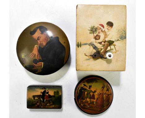 Two Victorian papier-mâché circular snuff boxes, the first depicting a gentleman taking snuff, diameter 11cm, also a similar 