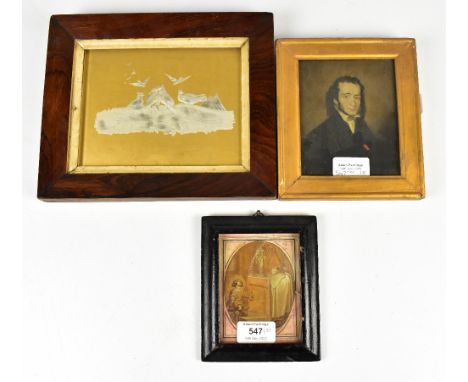 18TH CENTURY EUROPEAN SCHOOL; a small oval oil on paper, figure kneeling by an altar, unsigned, 9.5 x 7cm, a heightened print