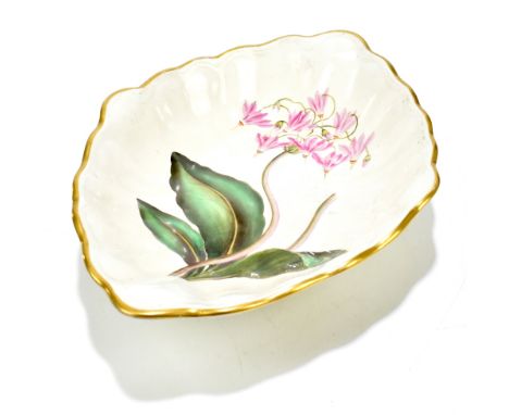 DERBY; a 19th century botanical scallop shaped bowl with hand painted floral panel, signed to the base and inscribed 'America