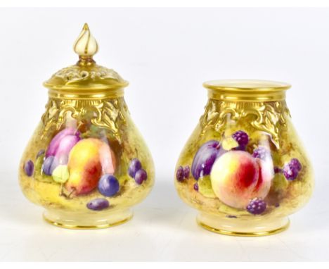 FREDERICK HERBERT CHIVERS (1881-1965) FOR ROYAL WORCESTER; a near pair of fruit painted vases, one with lid (lid af), both si