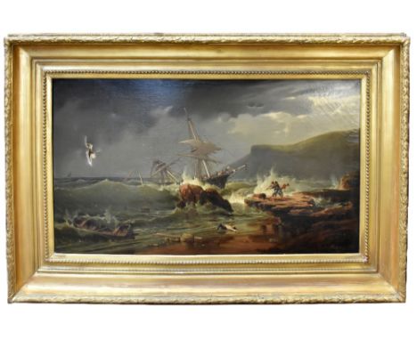 E BERTHELEMY; oil on canvas, coastal scene with figures saving those escaping a capsize, signed and dated 1859 lower right, 6