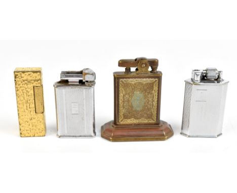 SIMSON; a vintage brass desk lighter with applied Eastern style panel,&nbsp;height 7.5cm, a Dunhill textured cigarette lighte