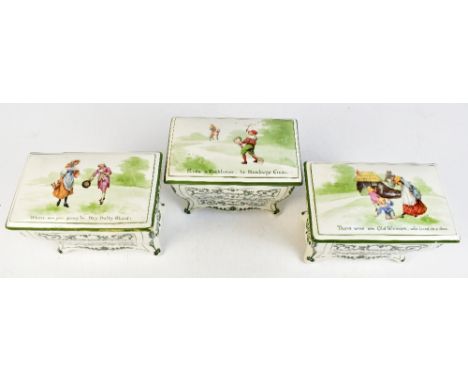ROYAL DOULTON FOR HUNTLEY &amp; PALMERS; three ceramic nursery rhyme biscuit boxes in the form of chests of drawers, to inclu