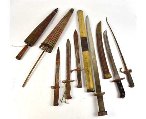 Four assorted bayonets to include a saw back example, together with two swords with brass plated scabbard, etc (6) (af).Addit