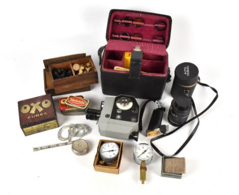A mixed group of collectors' items including a boxed wooden chess set, height of king 6cm, a cased Quartz 5 cine camera, a Jo