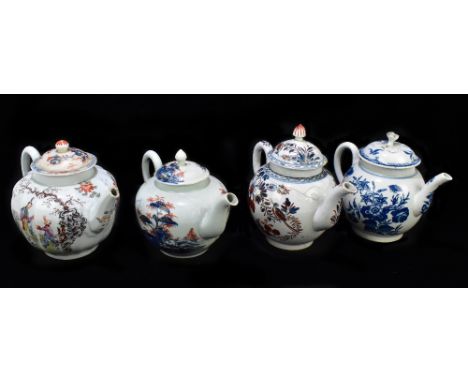 Four 18th century porcelain teapots including a fluted example decorated with Oriental figures in landscape, a Worcester blue