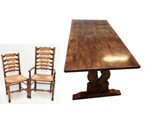 CHINGFORD REPRODUCTIONS; a reproduction oak refectory table on shaped stretchered supports, 183 x 83.5cm, and a set of six ru