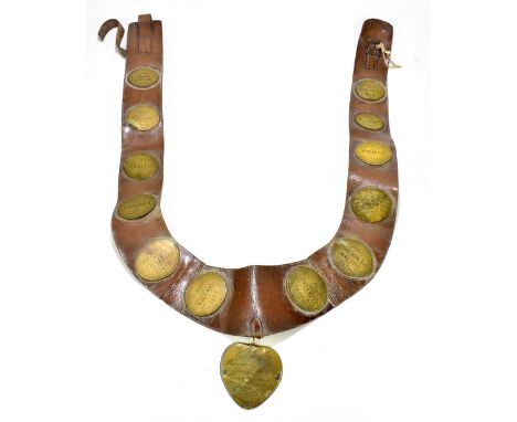 An interesting Victorian leather horse collar set with brass inscribed prize roundels dated from 1871-1873, ‘3rd&nbsp;Prize G