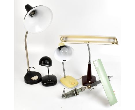 A vintage metal framed Anglepoise type work bench light, with green painted metal shade, and further desk lamps (5).Additiona