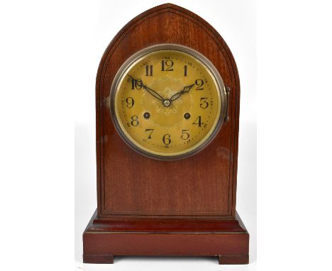 H Y MOSER &amp; CO; an early 20th century lancet top mahogany cased mantel clock, the tin plate dial set with Arabic numerals