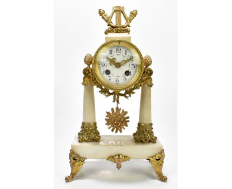 An early 20th century gilt metal and marble mantel clock, the circular enamelled dial with floral swags set with Arabic numer