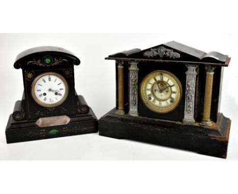 A Victorian slate mantel clock with central inlaid and malachite panels, the circular enamelled dial set with Roman numerals 