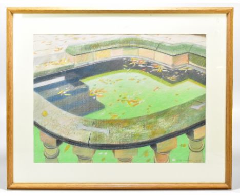 DEREK WILKINSON; pastel, garden scene with balustrade to foreground, signed and dated 1985 lower right, 44.7 x 59.8cm, framed