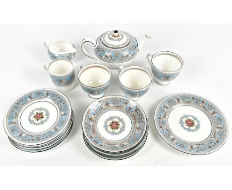 WEDGWOOD; a part Florentine turquoise tea set comprising teapot, three cups, three saucers, five side plates, slightly larger