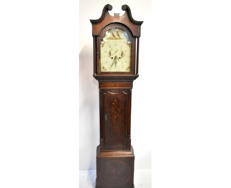 A 19th century oak, mahogany and inlaid eight day longcase clock, the hood with broken swan neck pediment, the dial set with 