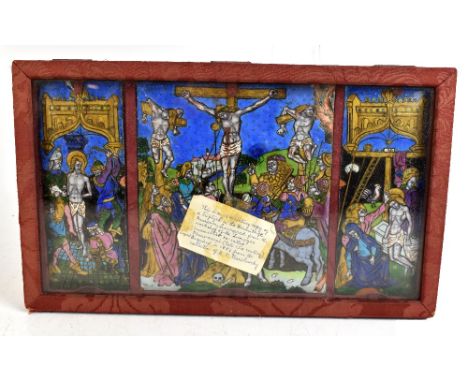 AFTER MONVERNI LIMOGES; a 19th century replica of the triptych of the Crucifixion, in canvas case, the largest panel 20 x 18c