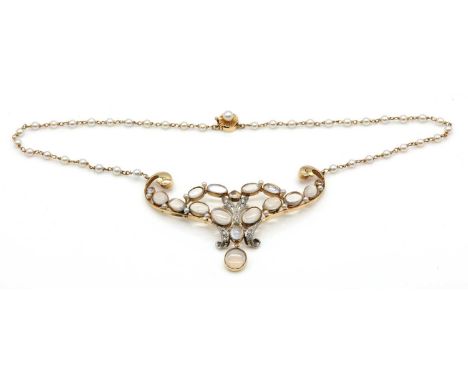 A Continental moonstone, seed pearl, diamond and cultured pearl necklace,with a scrolling bow shaped centrepiece. Graduated o