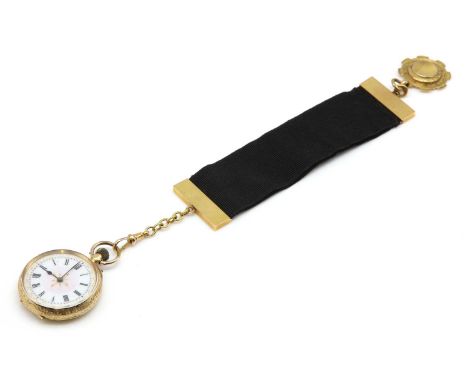 A Continental gold pin set open faced fob watch,  32mm diameter with a white and pink enamel dial, black Roman numerals and b