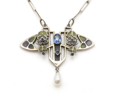 A French Art Nouveau silver freshwater pearl and plique-à-jour enamel necklace, c.1905,with an oval faceted blue paste, milli