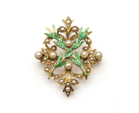 A late Victorian split pearl pendant/brooch, c.1900,with a pierced quatrefoil, to an offset square framework. A cluster of gr