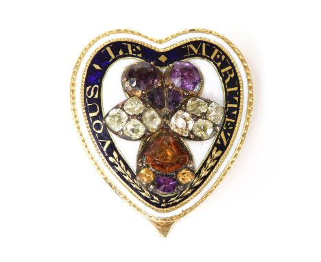 A late Georgian amethyst, citrine, diamond and enamel, heart shaped clip brooch,with an applied pansy. The heart shaped plaqu