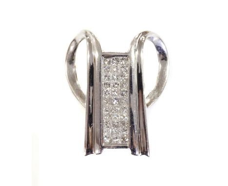 An American diamond set slider pendant,with a central key stone shaped plaque, invisibly set with three rows of princess cut 