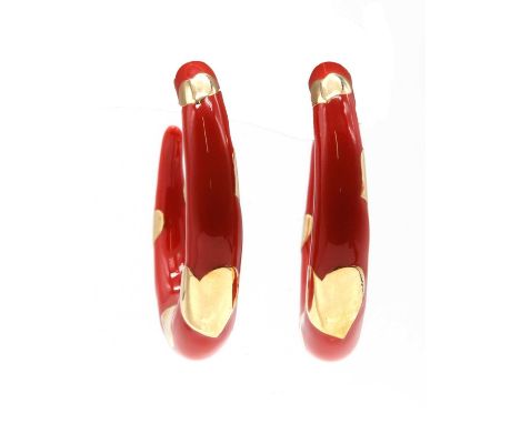 A pair of gold and enamel hoop earrings, by Alison Lou,of tapered oval form, with polished gold hearts to a red enamel ground