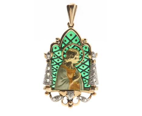 A Continental diamond and plique-à-jour enamel Virgin Mary Immaculate Conception pendant,of gothic window and column form. Th