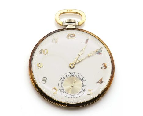 An Art Deco 18ct yellow and white gold Movado open faced pocket watch,with a 42mm case. A silvered dial with raised gilt Arab