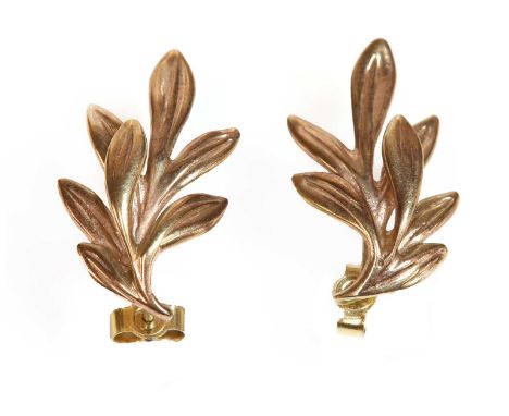A pair of 9ct gold leaf spray earrings, by Bernard Instone,with later post and butterfly fittings, Birmingham 1976. 25mm long