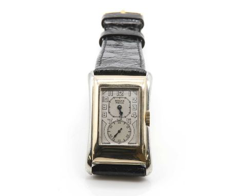 A gentlemen's 9ct two colour gold Rolex 'Prince Brancard' mechanical strap watch, c.1935,with a flared, stepped white and yel